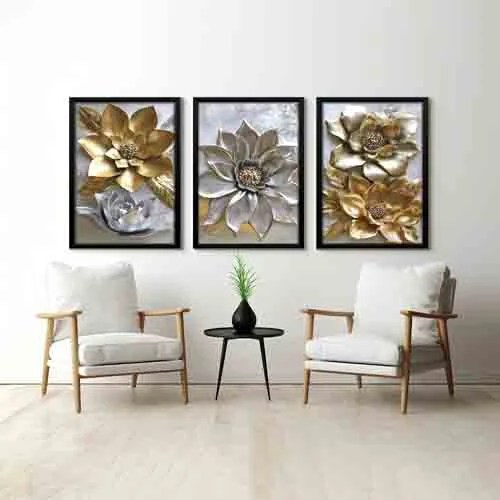 Random White & Gold-Toned 3 Pieces Floral Printed Painting Wall Art