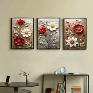 Random Red & White 3 Pieces Floral Printed Painting Wall Art