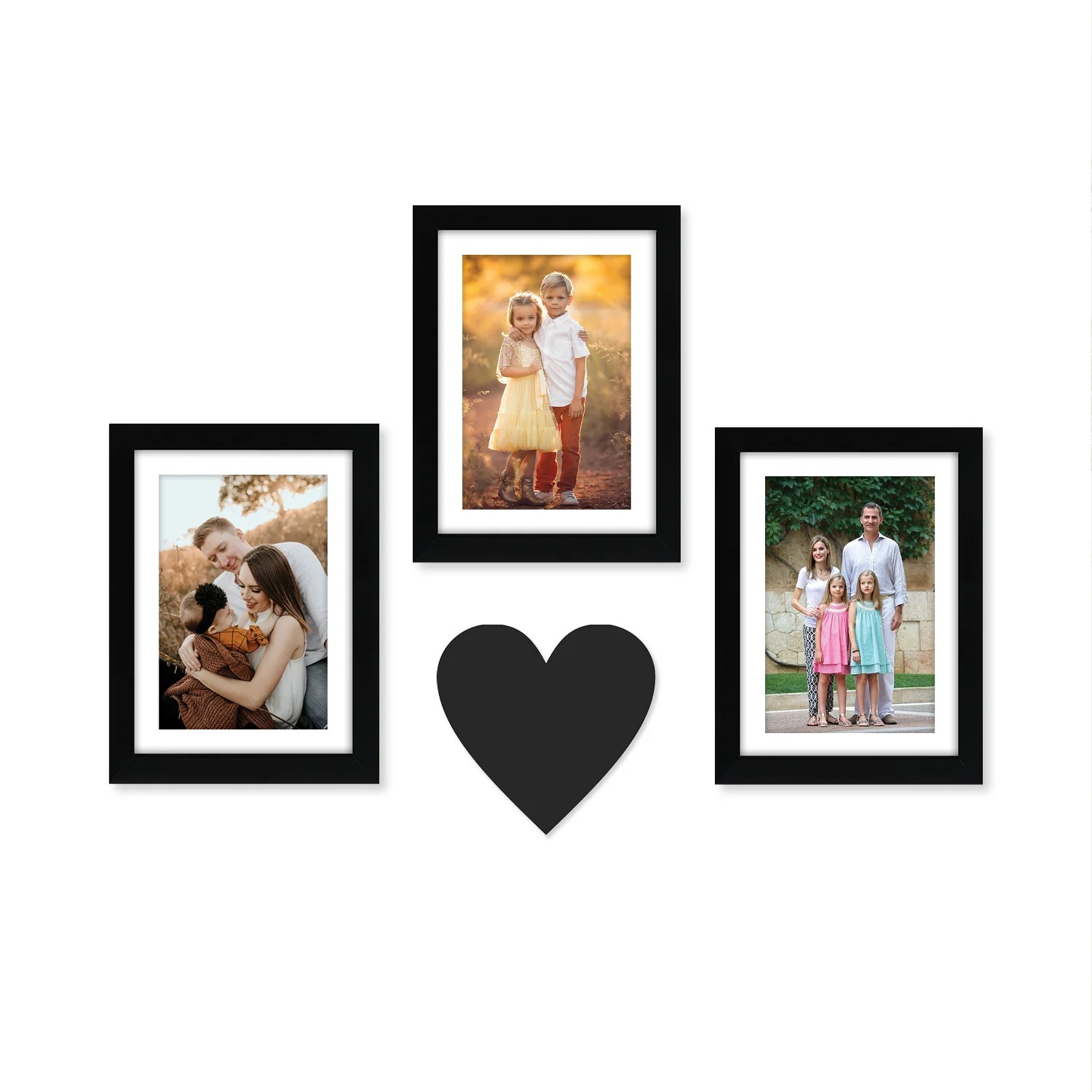 Set of 3 Black Solid Photo Frames with Heart Plaque