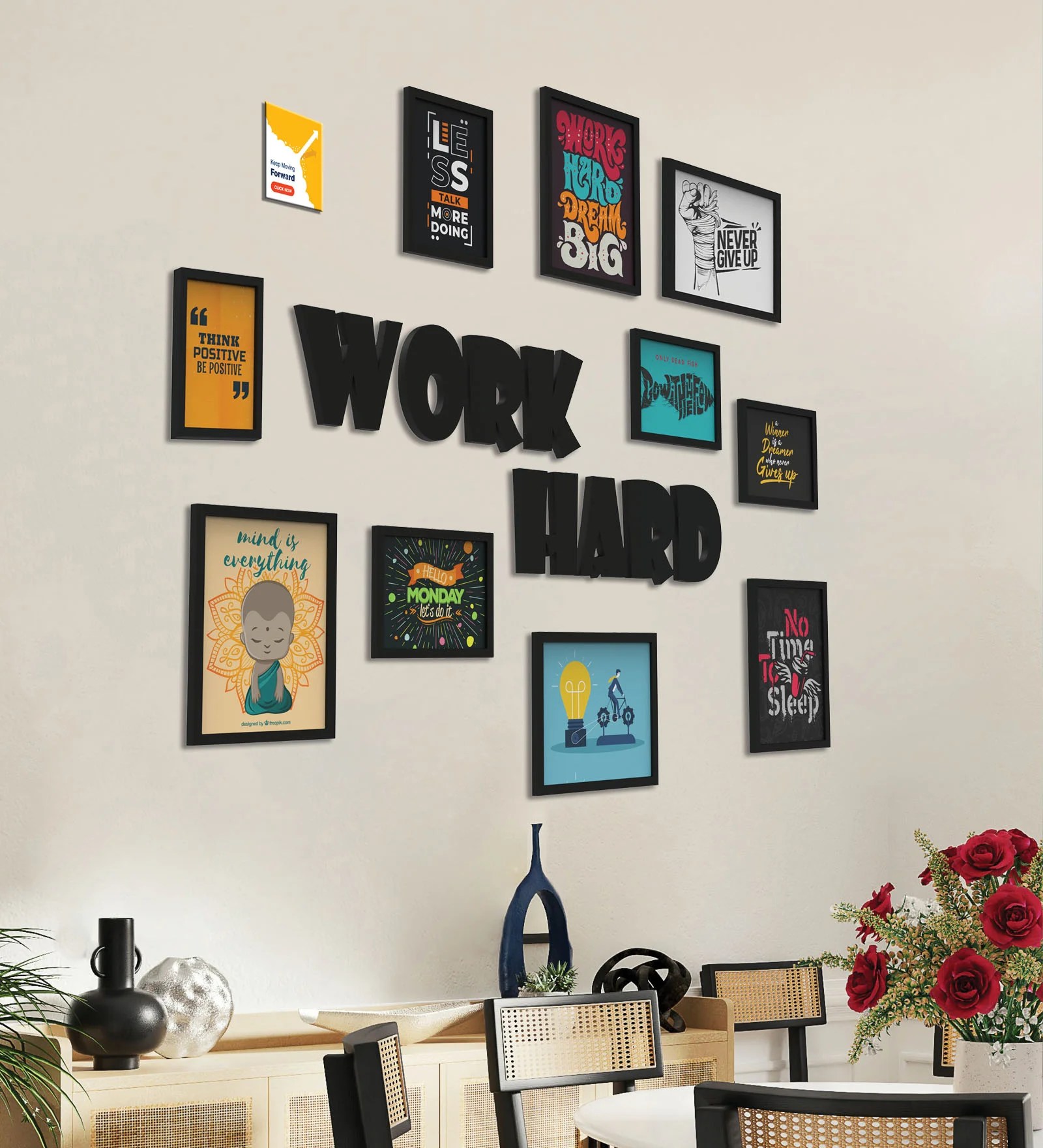 Black Set of 3D Collage with Work Hard Plaque