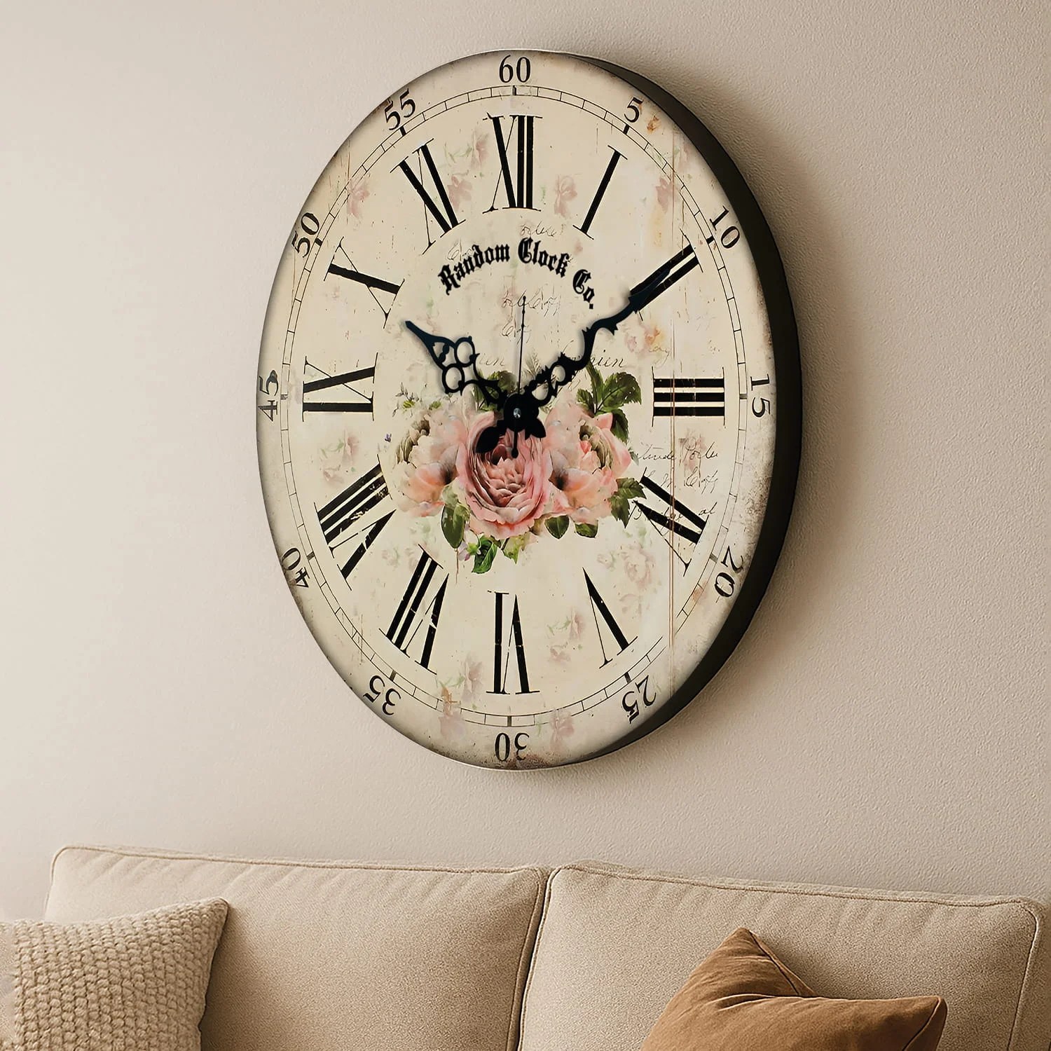 Off White & Black Floral Printed Wall Clock