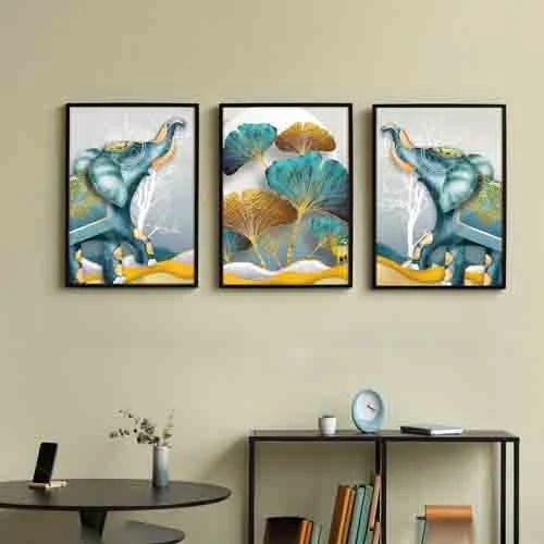 Random Blue & Gold Toned 3 Pieces Elephant Printed Painting Wall Art