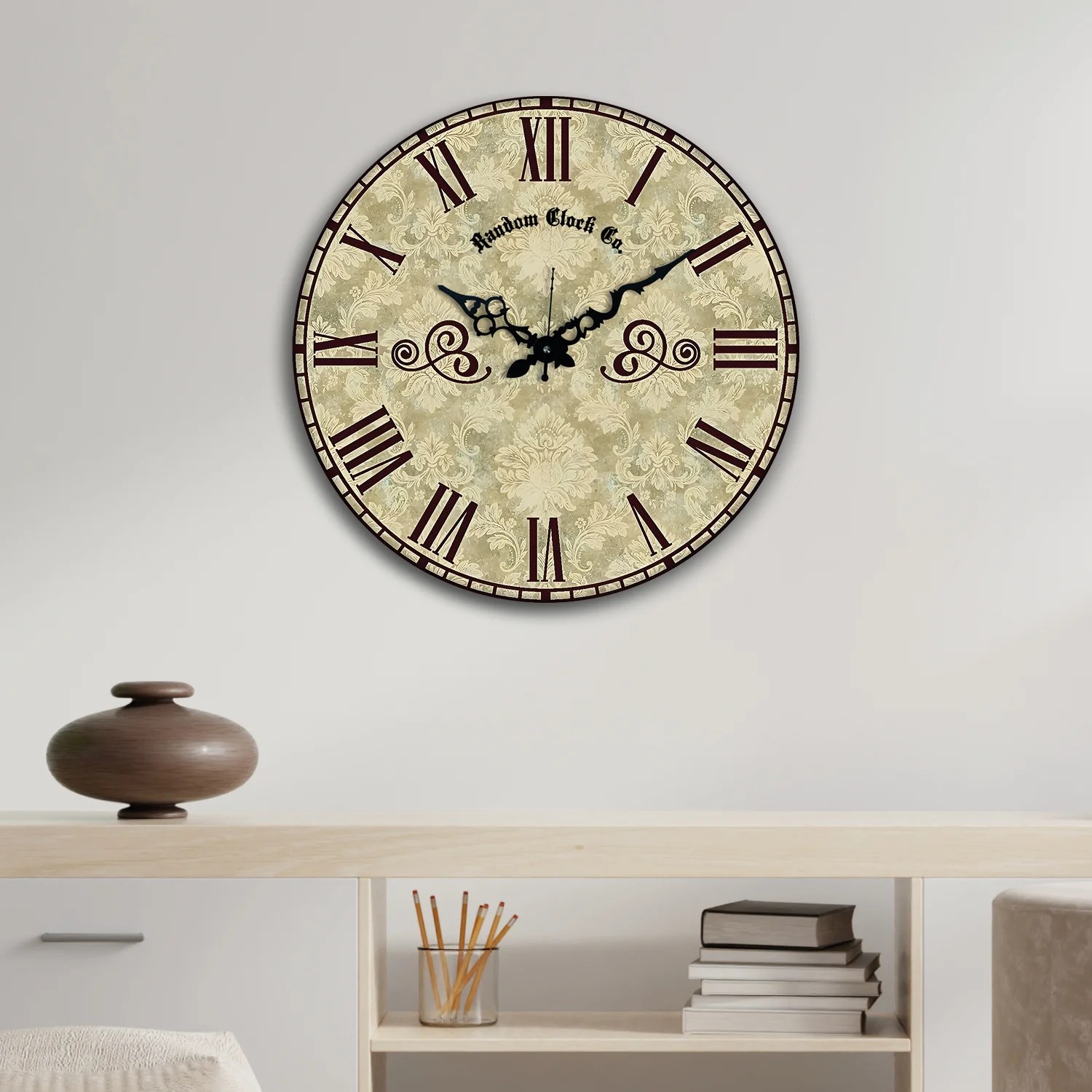 Beige & Black Floral Printed Wall Clock