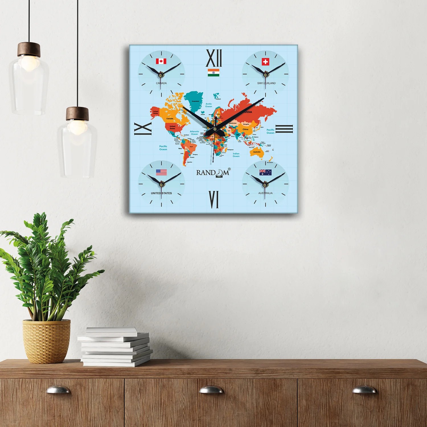 Blue & Red Printed World Vinyl Wall Clock