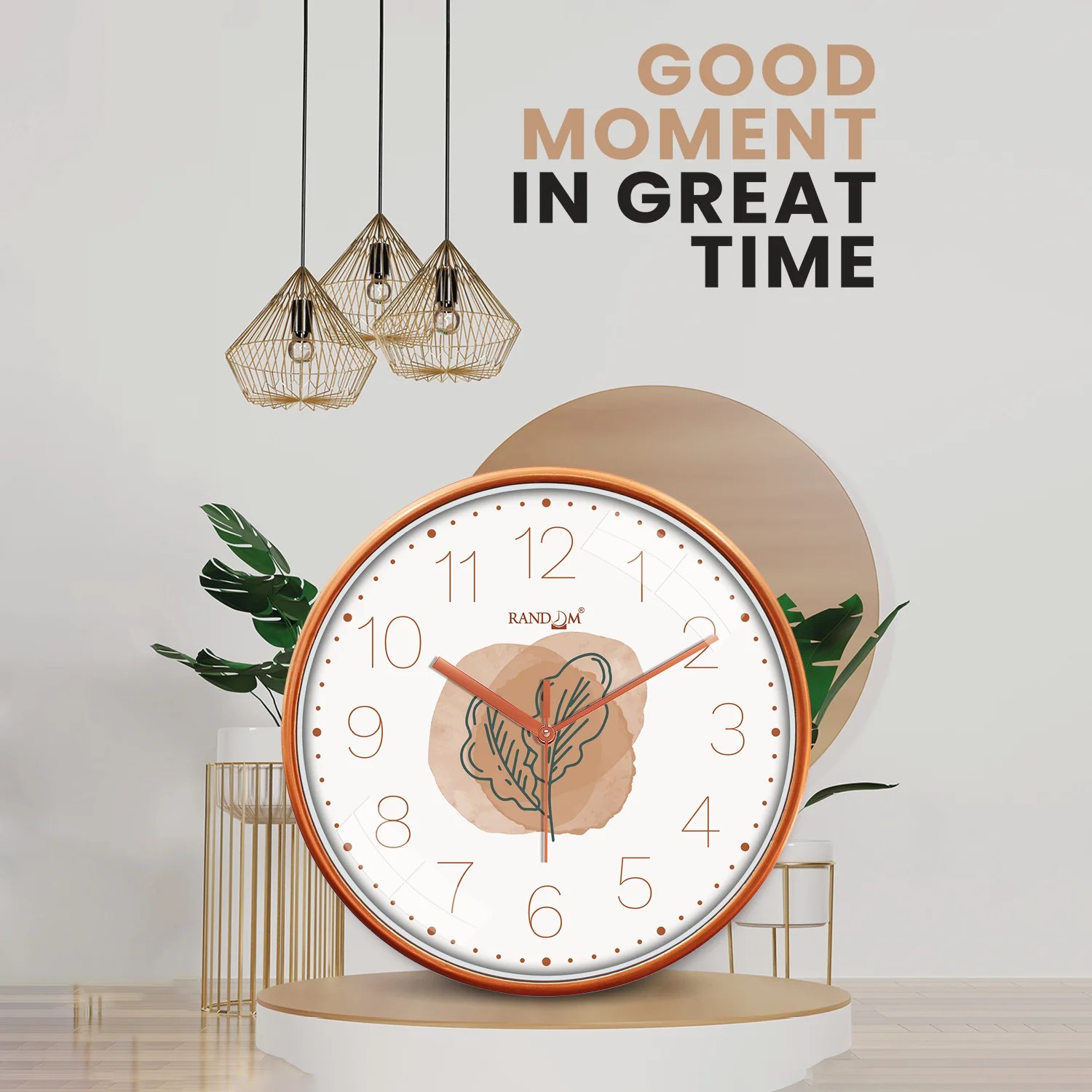 White & Orange Printed Round Wall Clock