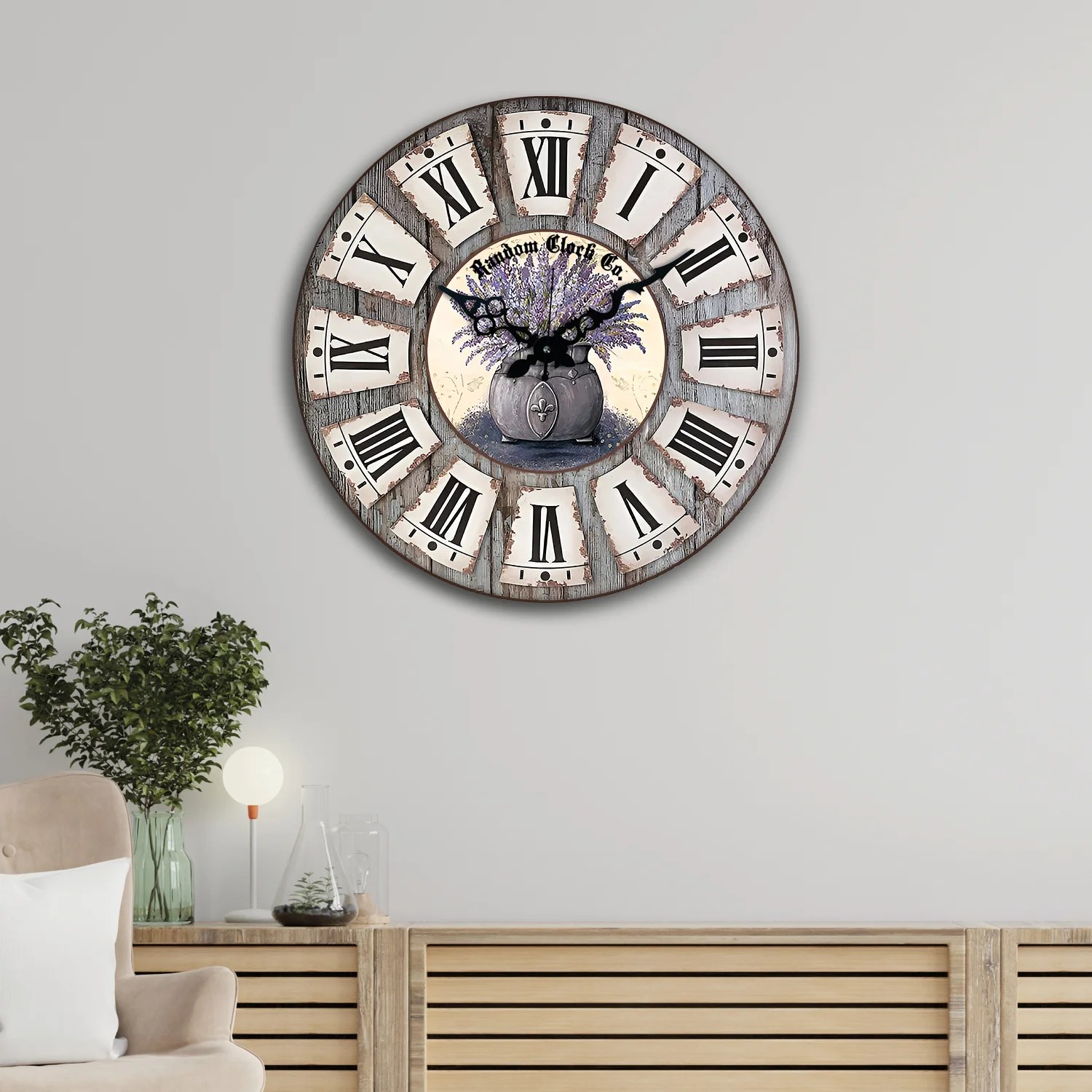 Grey & White Floral Printed Wall Clock
