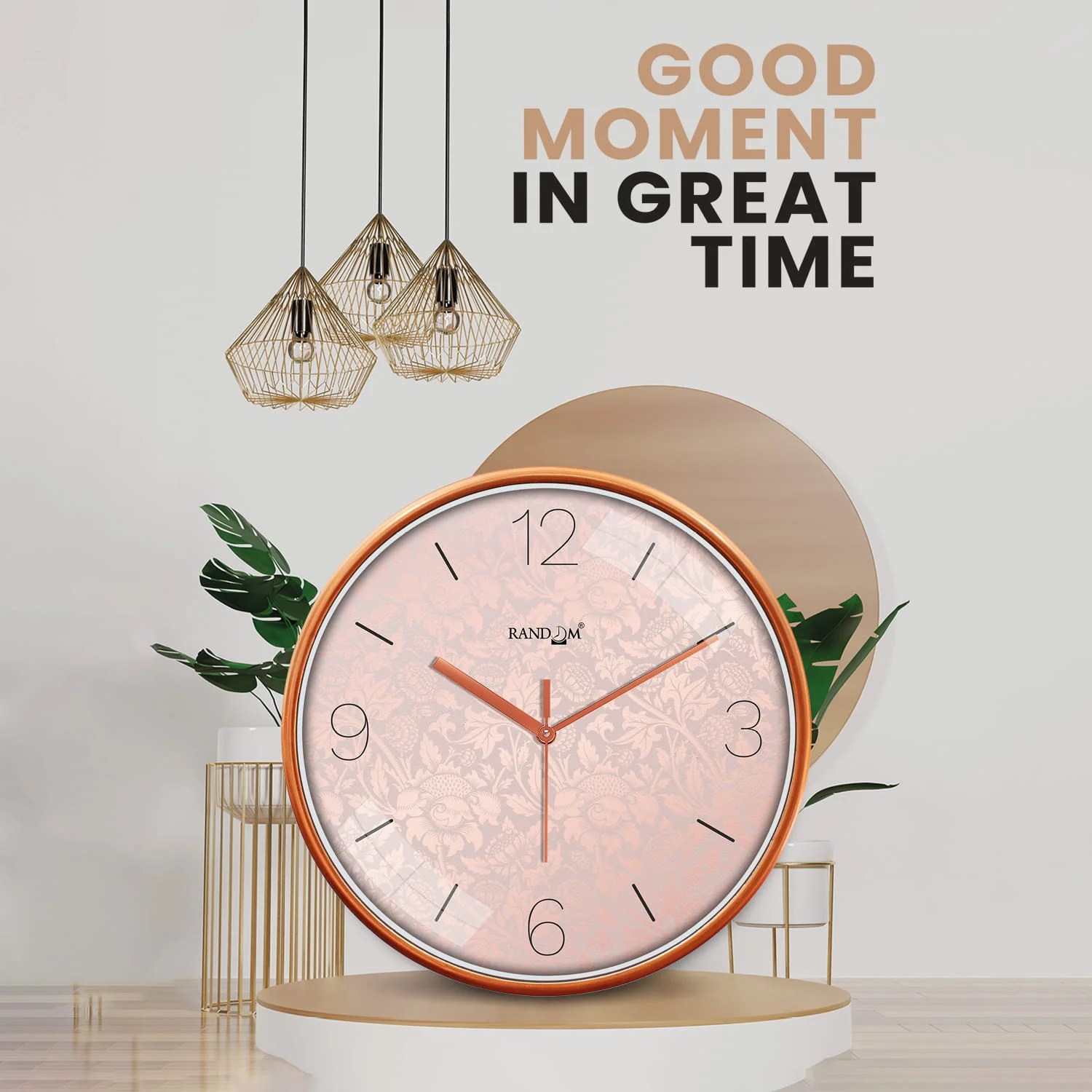 Peach & Black Round Printed Wall Clock