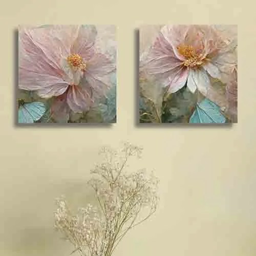 Random 2 Pieces Pink & Blue Floral And Botanical Canvas Wall Art