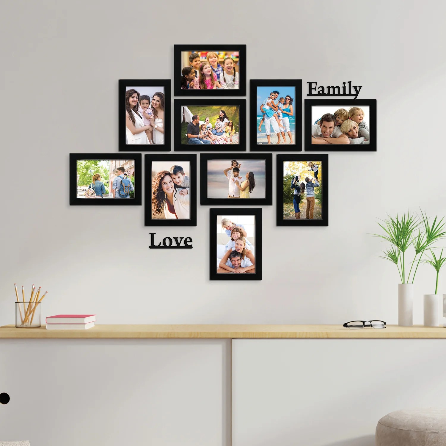 Set of 10 Black Solid Individual Photo Frame with Plaques