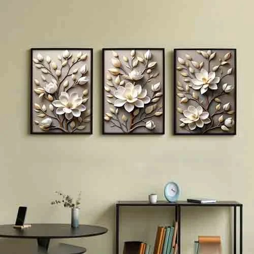 Random Grey & White 3 Pieces Floral Printed Painting Wall Art