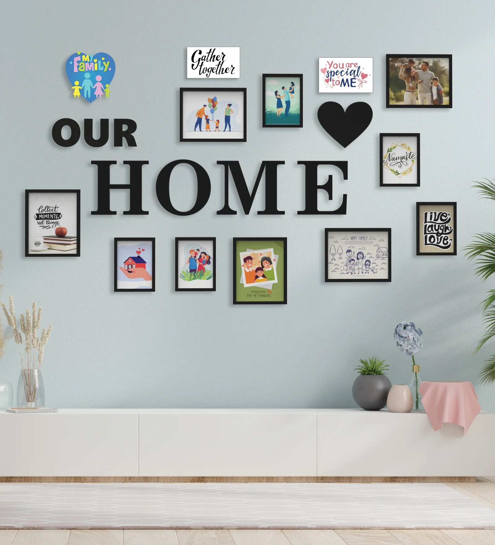 Set Of 10 Black 3D Collage Photo Frames with Our Home Heart Plaque