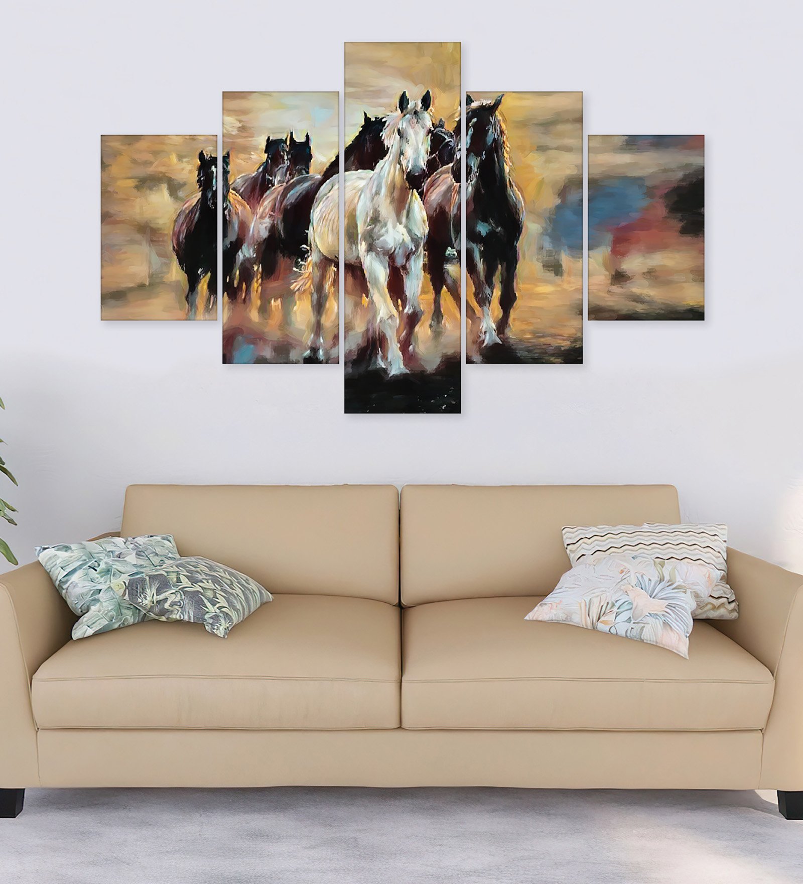 Wooden Framed Beautiful 7 Horses Wall Painting for Living Room, Bedroom